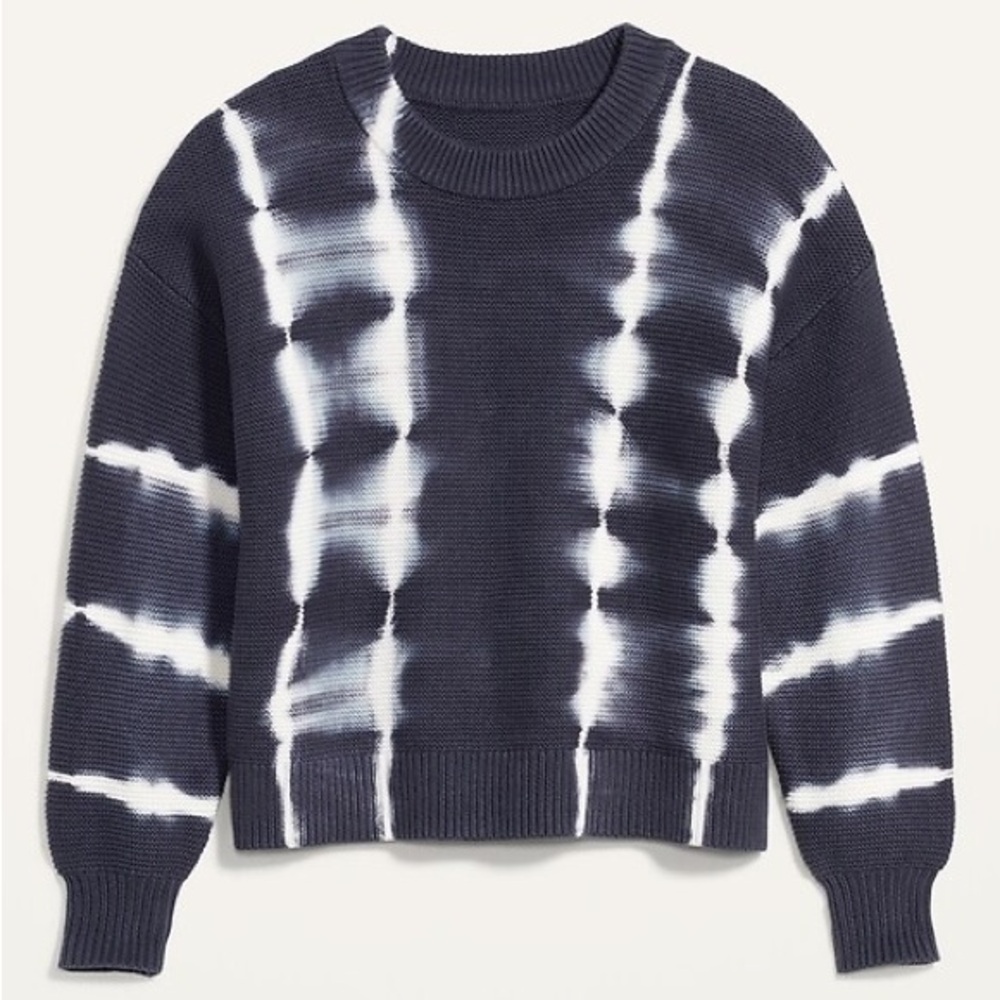 NWT indigo Old Navy knit sweater with white tie dye detailing. Size medium
